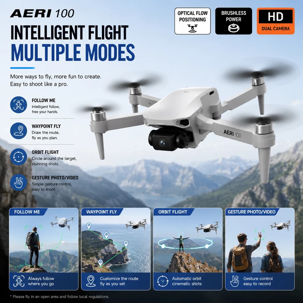 （NEW）Aeri 100 Toy Remote Control Flying Mini Portable Smart Hover Helicopter 360°Flip Remote Control Quadcopter RC Drone Wear VR