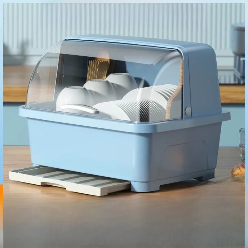 Kitchen crockery container with lid, bowl holder and utensils, for domestic use
