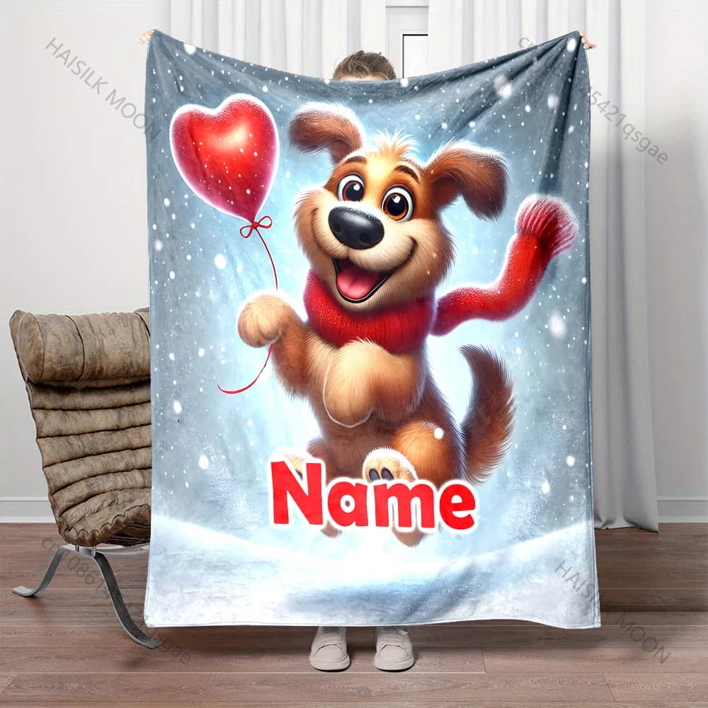 Happy Puppy in The Snow Stampa con nome personalizzato Coperta calda e morbida per divano letto Viaggi Campeggio Picnic RV Nuovo prodotto