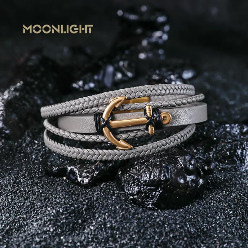 Fashion Stainless Steel Golden Ship's Anchor Bracelet Charm Men Leather Bracelet Braided Punk Rock Bangles Jewelry Accessories