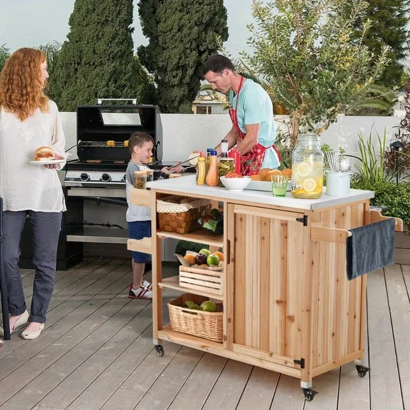 Carrello da cucina per esterni, tavolo da barbecue in legno massello con piano in acciaio inossidabile, carrello da bar mobile con portaspezie e portasciugamani