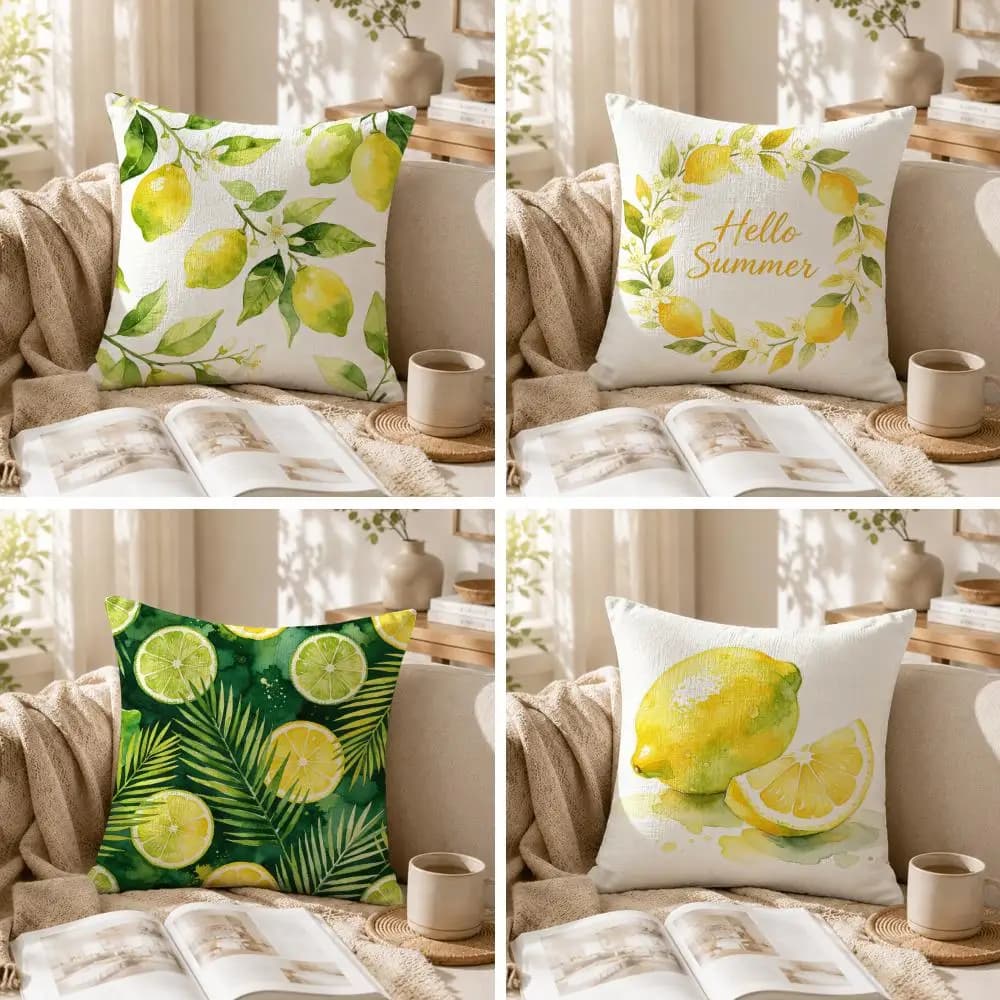 Summer Hand-Painted Lemon Cushion Cover Natural Linen Printed Pillowcase Cool Breathable for Living Room Bedroom Sofa