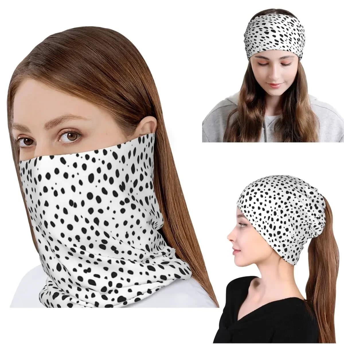 Dalmatian Spots Black And White Polka Dots Bandana Neck Cover Mask Scarf Warm Headband Beanies Hat for Men Women Adult