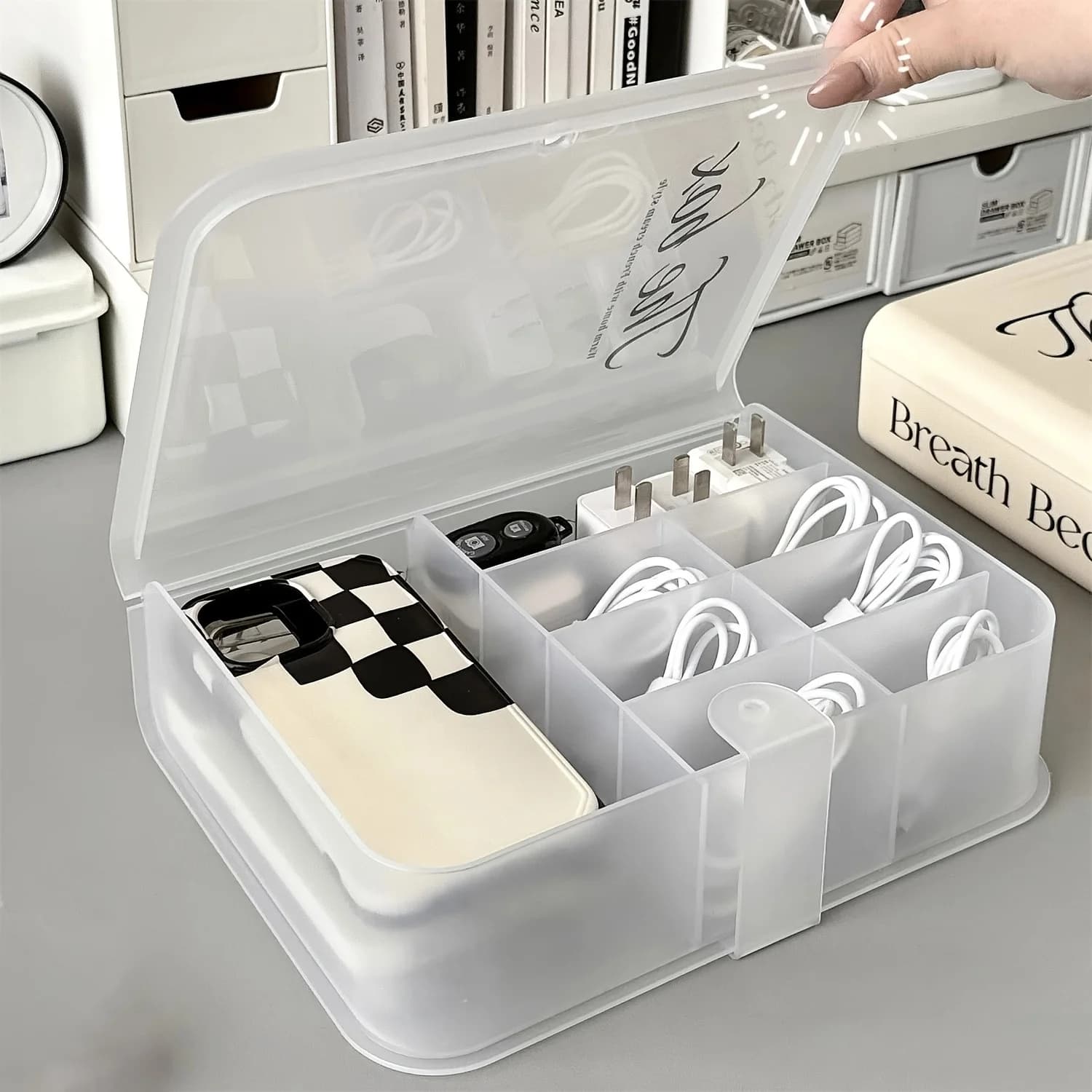 Desktop Cable Storage Box With Cover Multifunctional Wire Organizer Holds Chargers Power Plugs Data Cords For Office Household