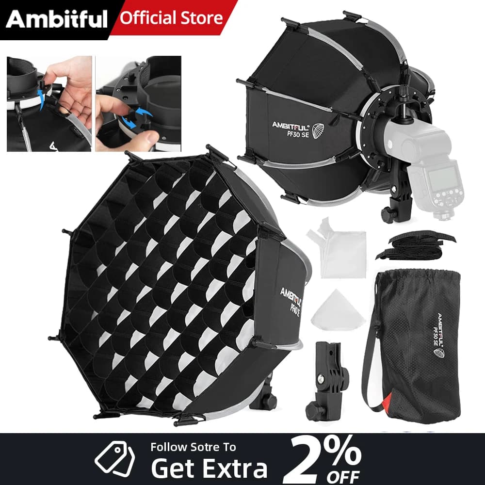 AMBITFUL PF30/PF40 30cm/40cm Mini Speedlite Portatile Softbox a Ombrello Ottagonale + Griglia a Nido d'Ape per Flash da Esterno per Godox