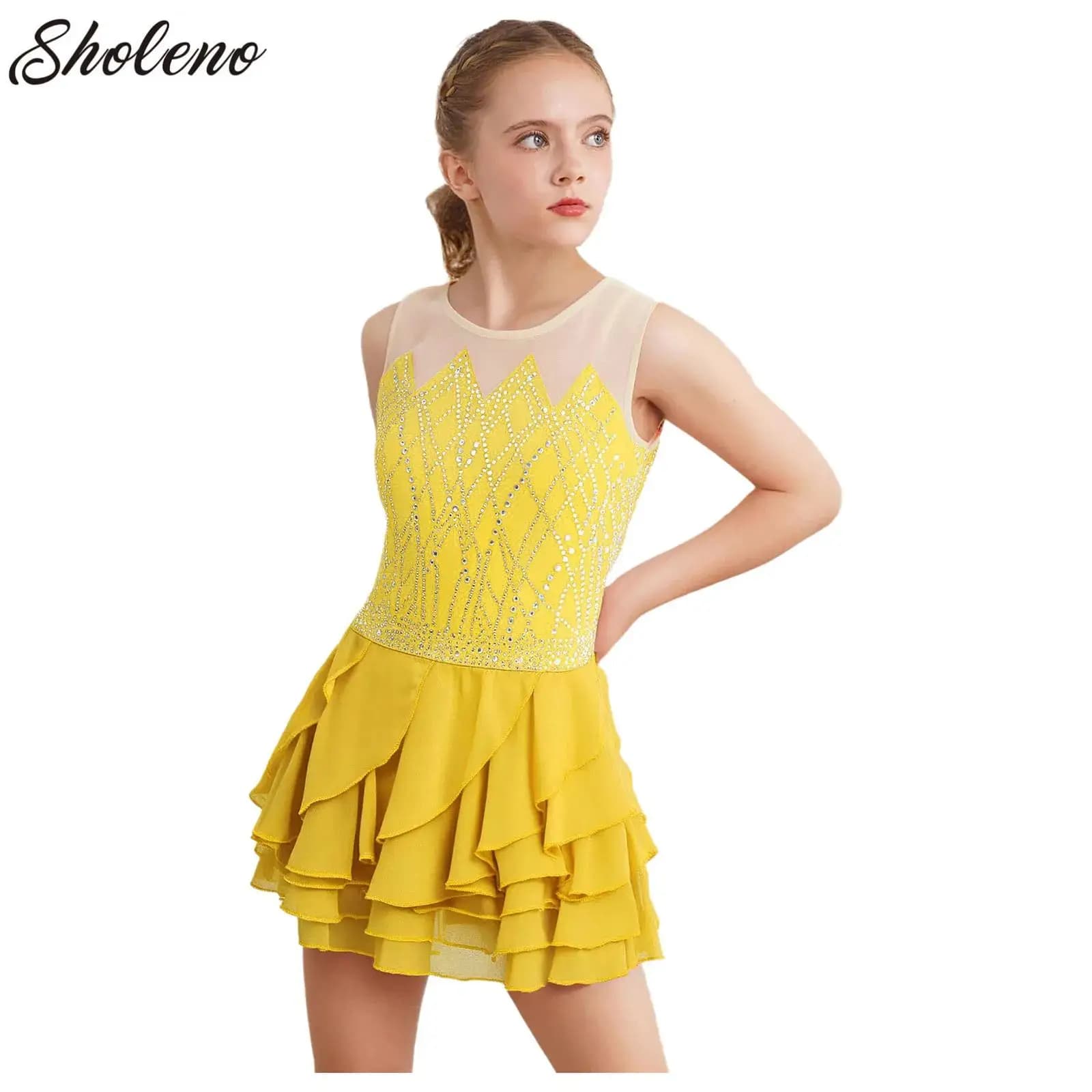 Bambini Ragazze Balletto Danza Gonne a strati Abito Strass Ginnastica Body Senza maniche Jazz Costume da competizione di pattinaggio di figura