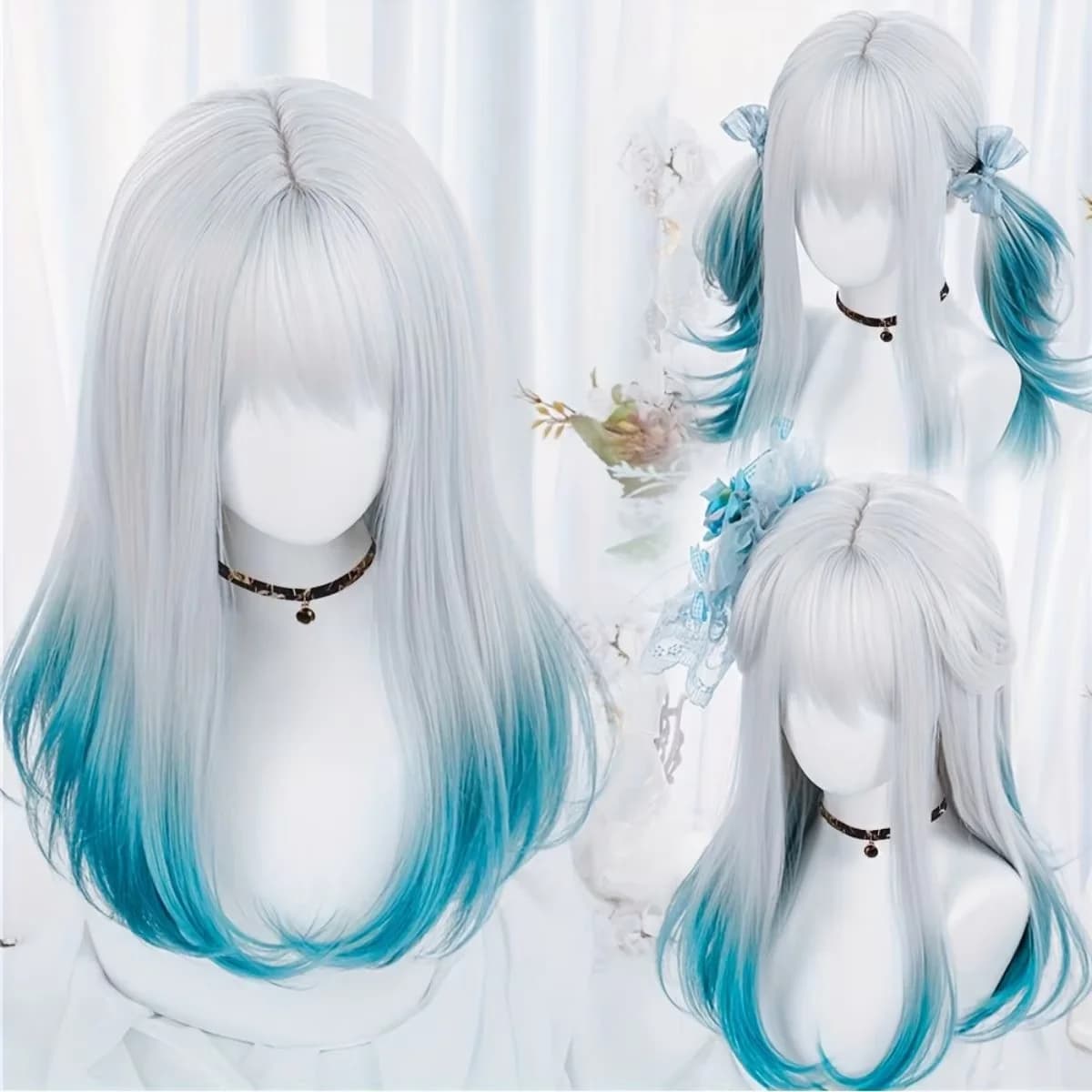 Parrucca sintetica diritta con frangia sfumata bianca blu con coda di cavallo Anime Party Cosplay Fashion 2025 Nuova acconciatura in fibra