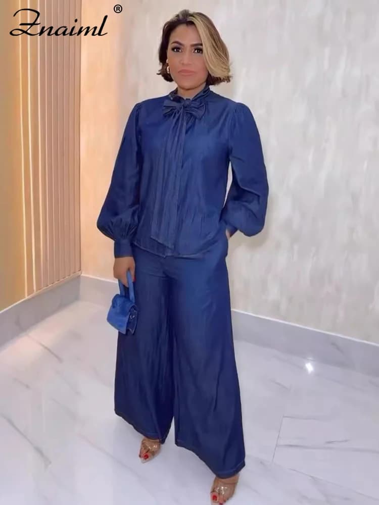 Znaiml New Bandage Lantern Sleeve Shirt top e pantaloni a gamba larga Set per le donne blu 2 pezzi eleganti abiti coordinati da donna da ufficio