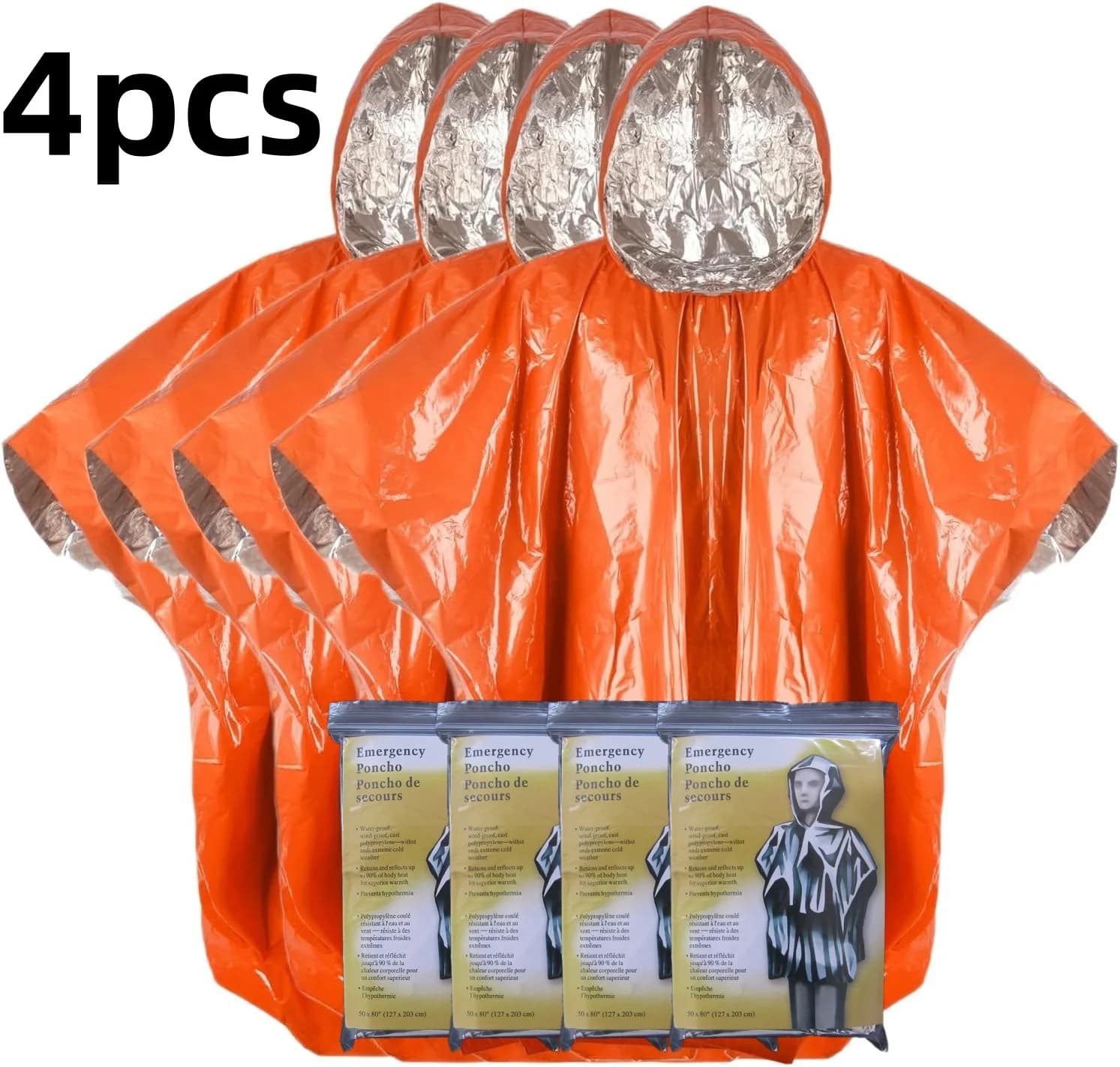 Coperta di sopravvivenza in Mylar arancione, poncho 4 pezzi, attrezzatura di emergenza leggera e portatile, blocca il 90% del calore corporeo per campeggio all'aperto