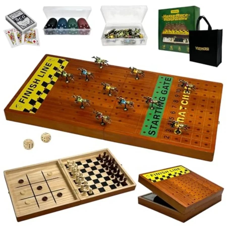 Grande gioco da tavolo di corse di cavalli da 23 pollici per adulti e feste in famiglia, cavalli numerati in metallo di lusso, set pieghevole in legno 4-in-1 con