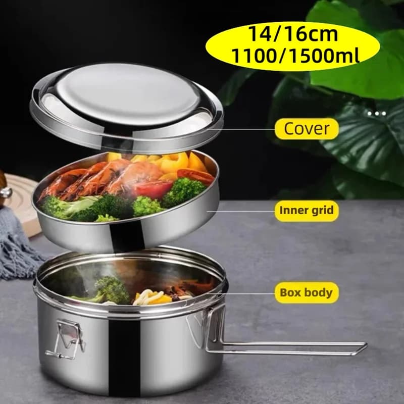 Bento Box in acciaio inossidabile 304 1100/1500ML Scatola da picnic portatile a doppio strato a prova di perdite Adatta per uffici Scuole Scatola da pranzo rotonda