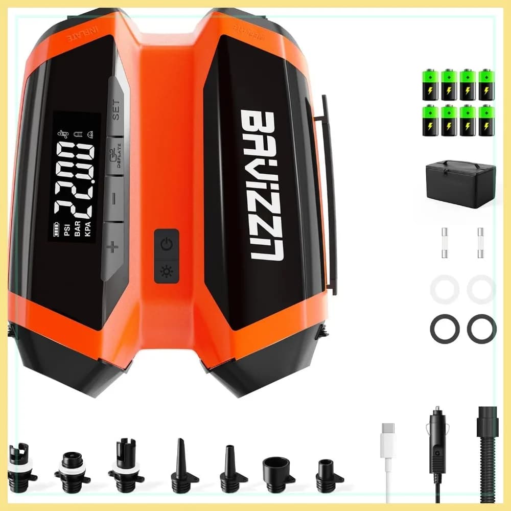 Pompa SUP Ricaricabile 22PSI, Doppia Alimentazione Batteria/12V Auto e Type-C, LCD con Spegnimento Automatico, Portatile per 6 Paddle Board Kayak Campeggio