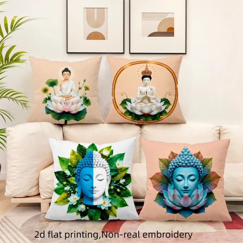 4pcs Buddha Lotus Throw Pillow Covers, Zen Meditation Buddha Print Cushion Cases, Spiritual Home Decor for Bedroom Living Room