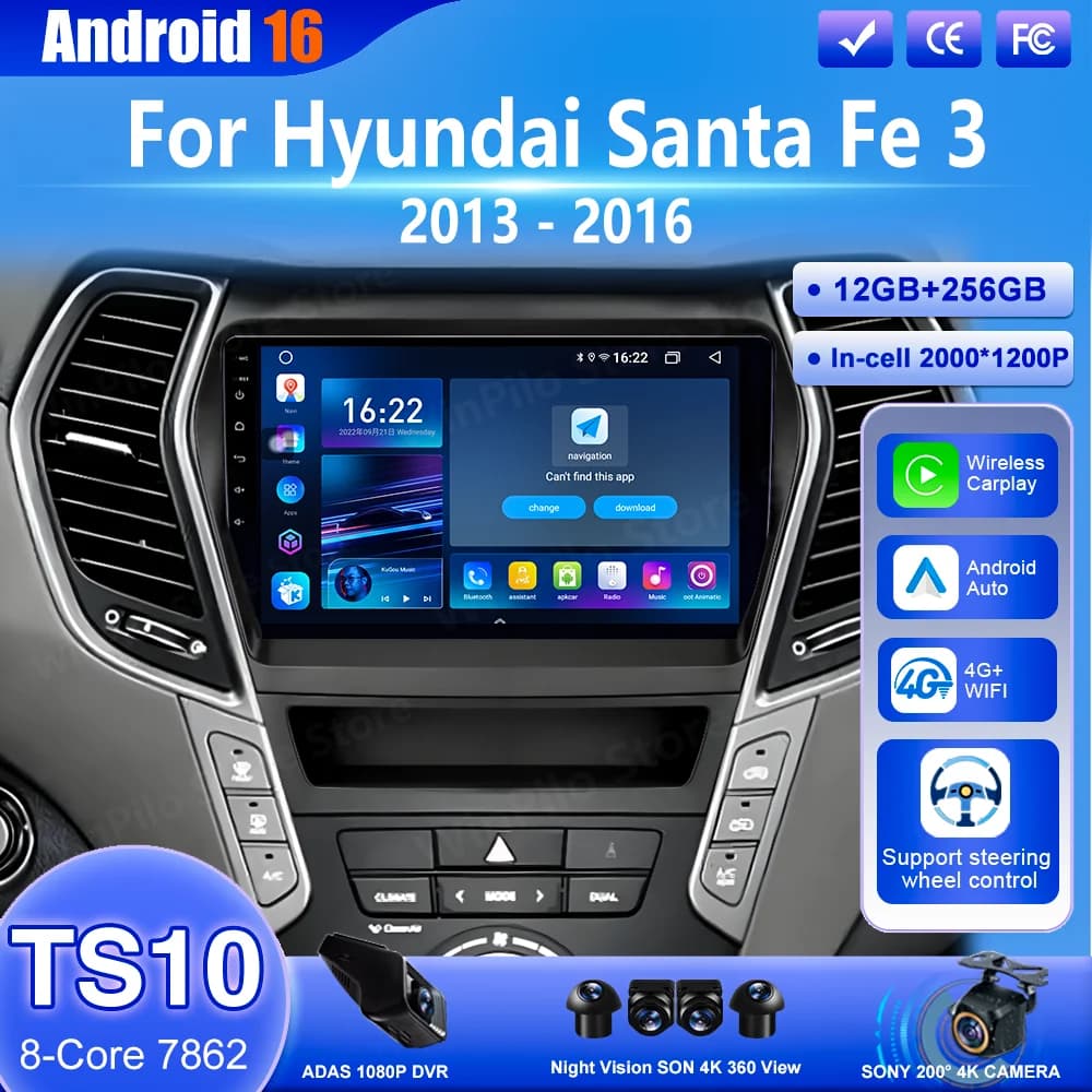 Android 16 Carplay per Hyundai Santa Fe 3 2013-2016 Lettore Multimediale Auto con Navigazione GPS, Schermo Touch, 4G WIFI, DVD Auto e DSP