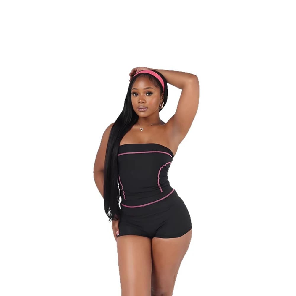 STYLISH LADY Set sportivo da 2 pezzi con cuciture a contrasto da donna Top corto senza spalline e pantaloncini Tute da fitness per yoga autunnale 2025