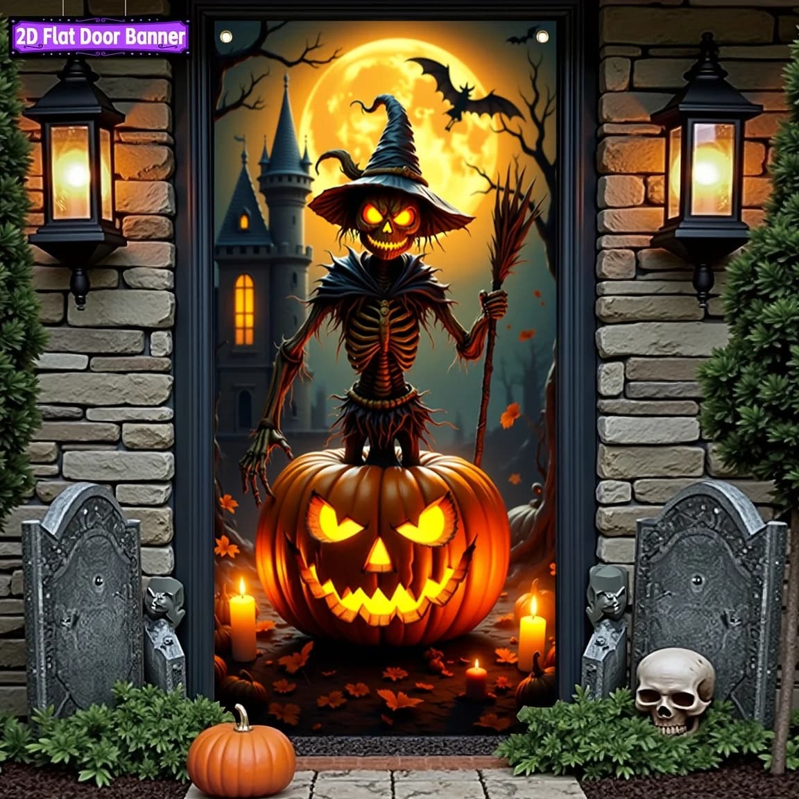 2D door sign banner, 1 piece per pack, 2D flat door sign banner, Halloween theme, skull on the pumpkin.PMJ
