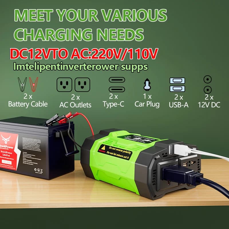 Convertitore di carica per auto portatile inverter solare da 2000 W da 12 V a 220 V/110 V, per esterni e domestici