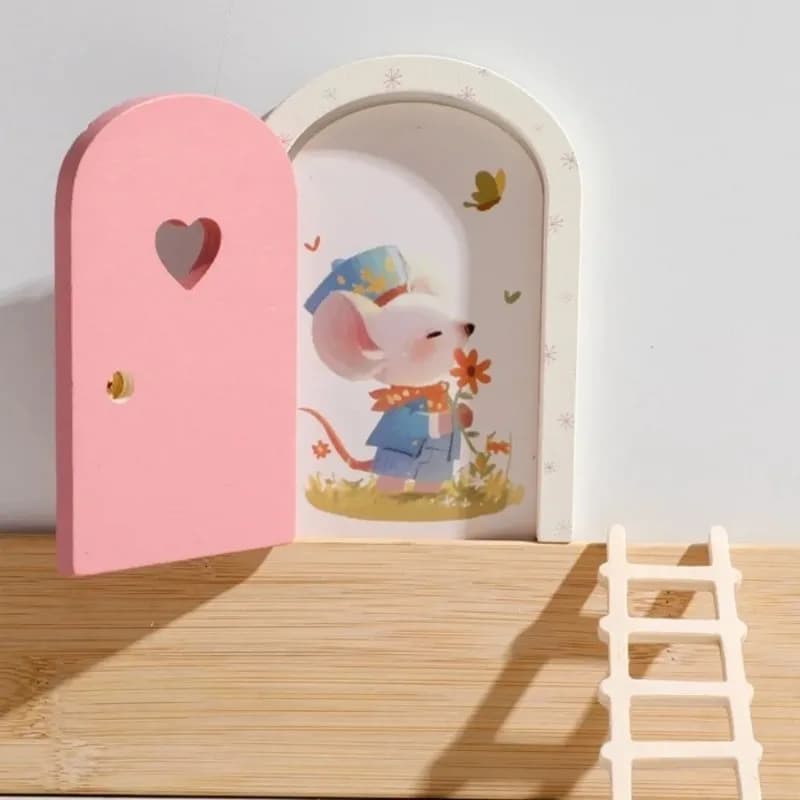 Porta delle fate luminosa in legno, mini decorazione da parete a forma di topo per casa, giardino, casa delle bambole, miniatura fai da te, ornamento artistico, graziosa porta