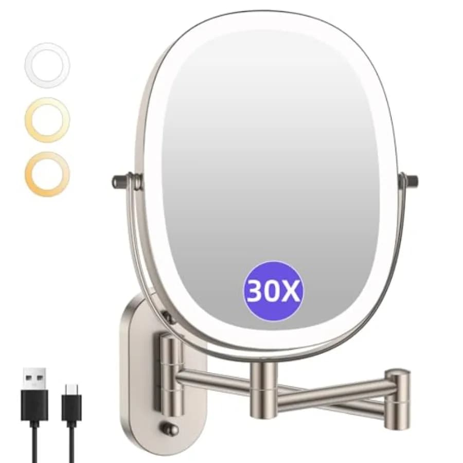 Specchio da Trucco Illuminato da Parete per Bagno, Nichel Spazzolato, Ingrandimento 30X/1X su Entrambi i Lati, Ricaricabile 5000mAh, 3 Colori di Illuminazione