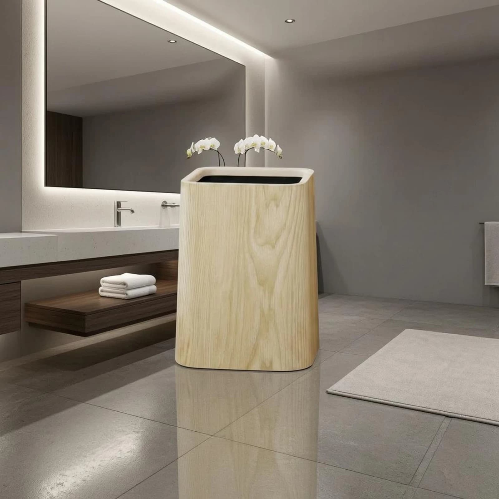 Wood Trash Bin Minimalist Rounded Corner Wastebasket Wood Wastebasket Decorative Wooden Trash Can Easy to Clean for Bathroom
