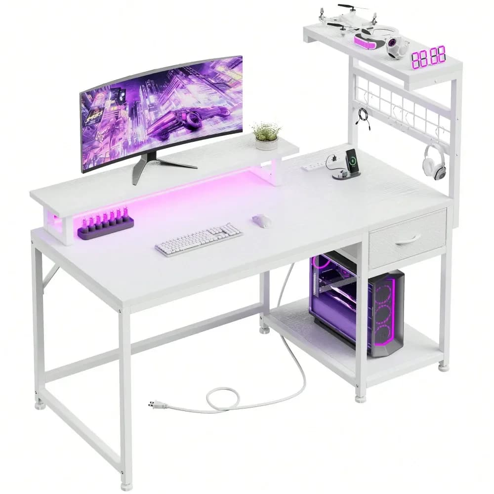Scrivania per Computer con Luci LED RGB, Stazione di Ricarica, Scrivania da Gaming con Ripiani Portaoggetti, Cassetti in Tessuto, Supporto Ergonomico per Monitor
