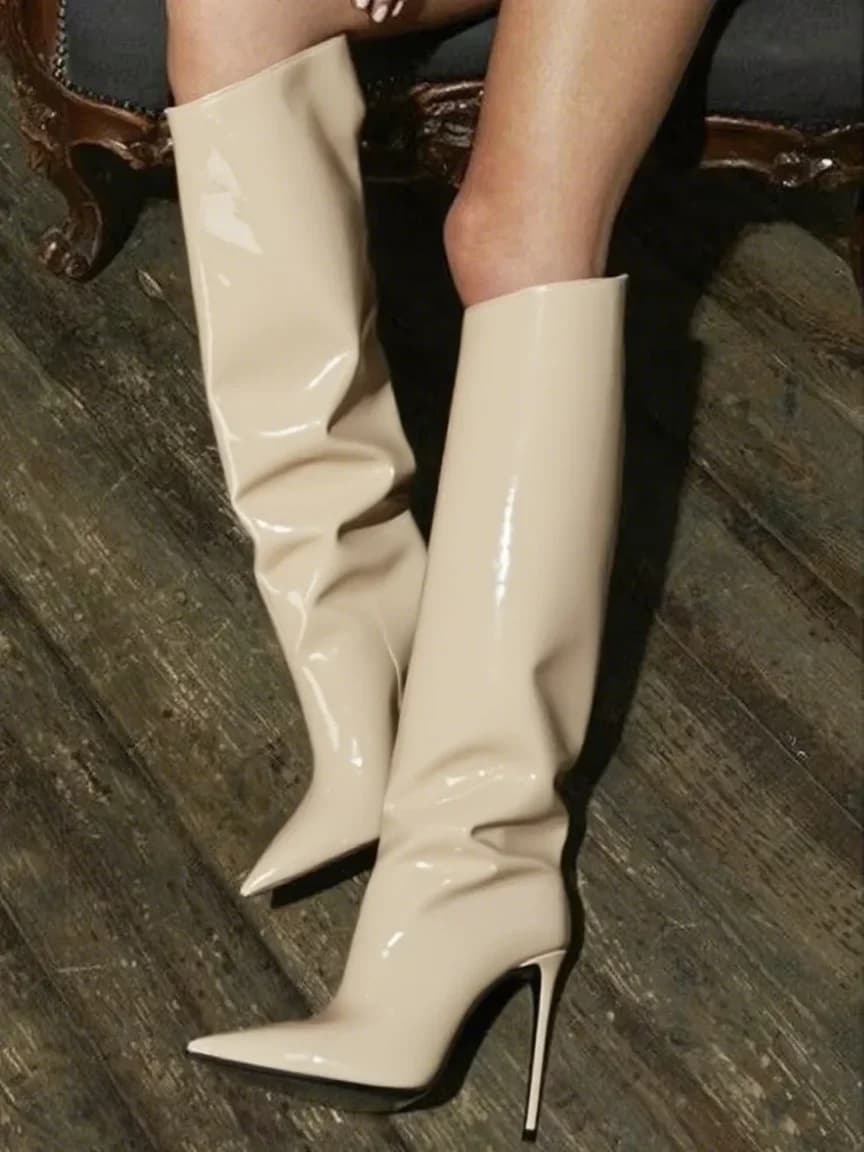 Patent Leather Beige Knee High Boots Runway Fashion Stiletto High Heel Sexy Pointed Toe Slip On 2024 New Arrivals Fashion Shoes