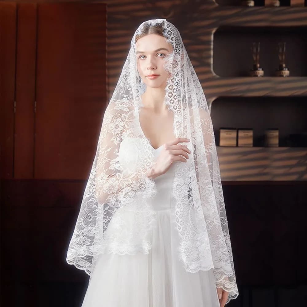 Nuovo Velo da Sposa Lungo in Pizzo Nero con Fiori, Copricapo da Sposa, Mantilla
