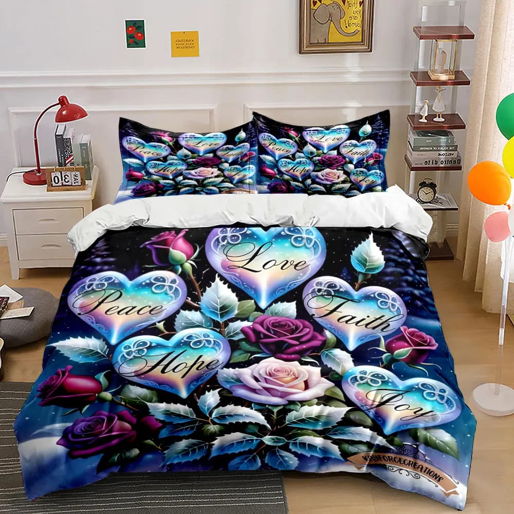 Set di biancheria da letto con decorazioni a cuore e rose romantiche, con 1 copripiumino e 2 federe, singolo, matrimoniale, king size, queen size, idea regalo
