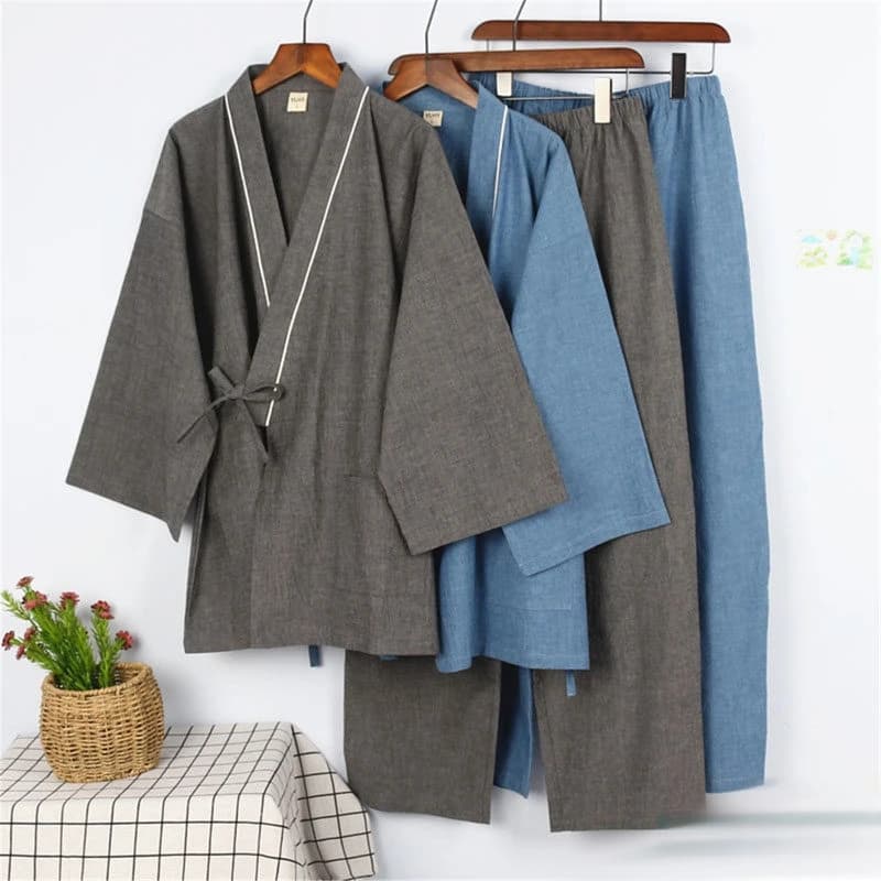 Spring Autumn Pyjamas Men Japanese Kimono Pajamas Set Sleepwear Women Bathrobe Loose Lace-Up Top Pants Two-piece Homewear Suit