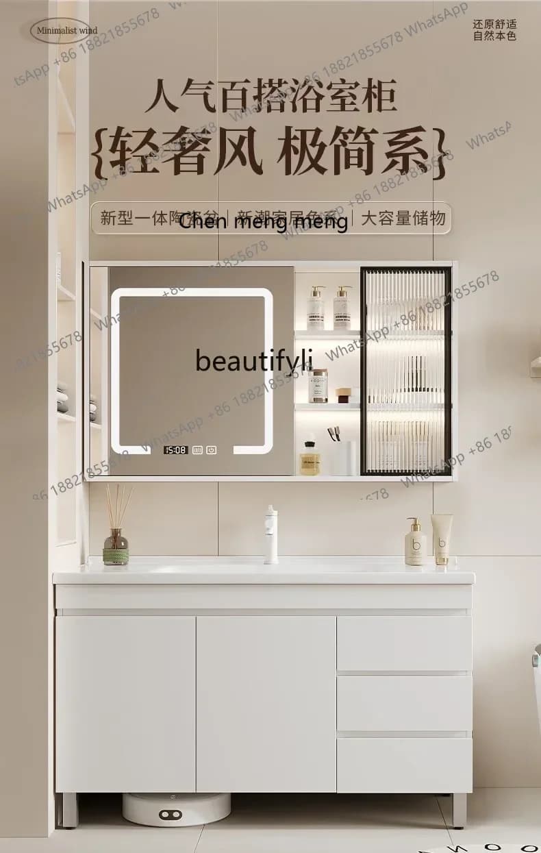 Mobile da bagno in legno massello Lavabo combinato Mobile da bagno Lavabo intero in ceramica Specchio intelligente