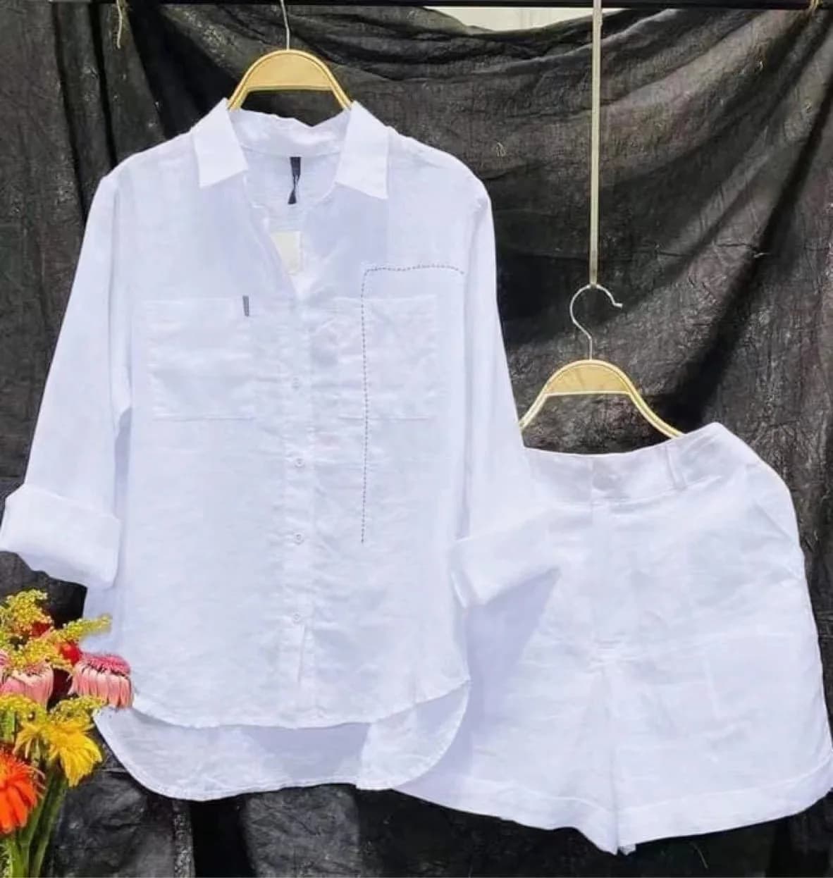 Fashionable White Long Sleeved Shirt and Shorts Set of Two Pieces Women 2024 Summer Cotton Linen Casual House Set of 2 Pieces for Women's Dresses
