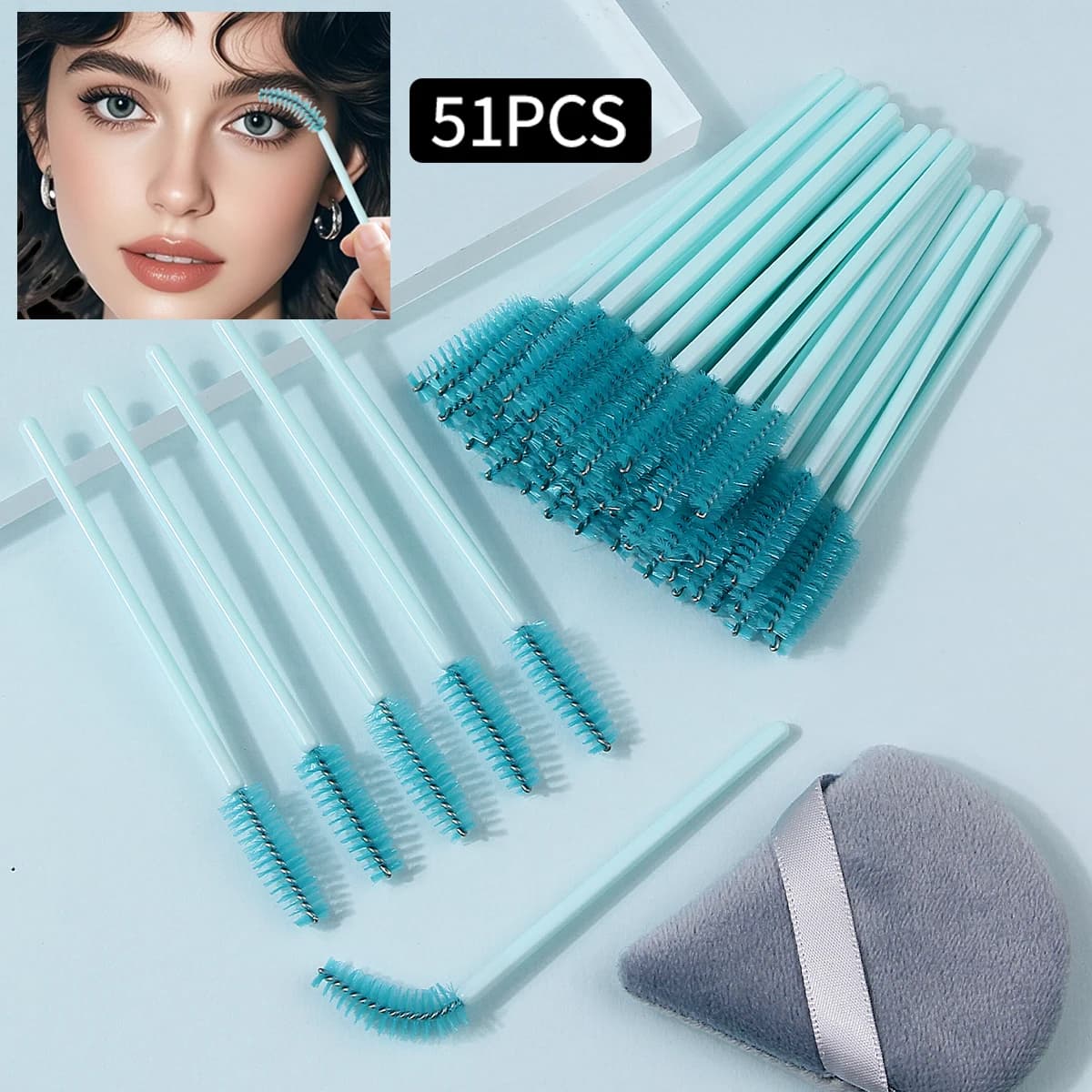 Pennelli per Extension Ciglia a Spirale Flessibili, 51 Pezzi, Bacchette per Mascara Azzurre con Piumino Triangolare in Velluto per Sopracciglia