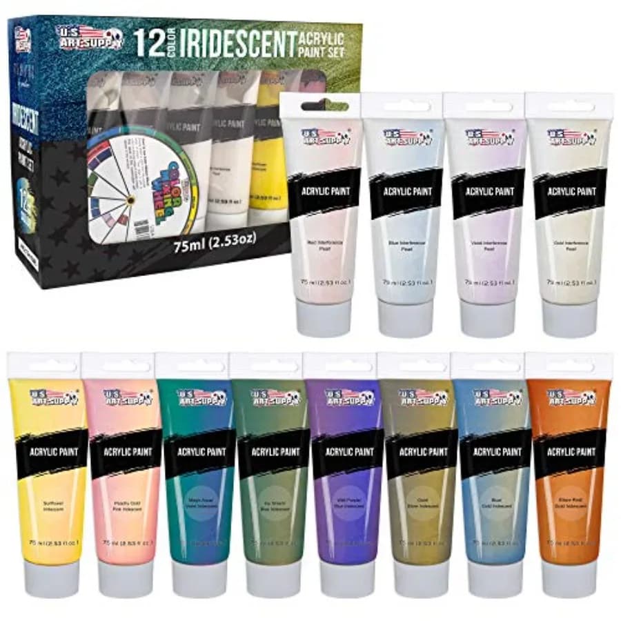 12-Color Iridescent Acrylic Paint Set Large 75ml Tubes - Luminescent, Chameleon, Color-Shifting Pearl Colors, Crafting Paints -