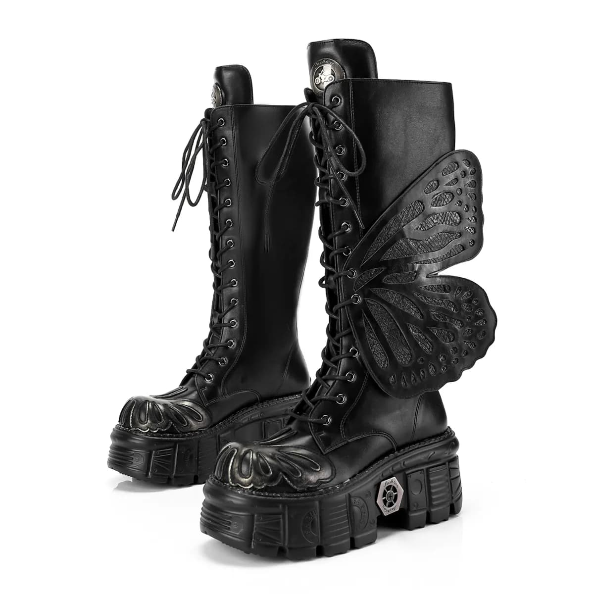 2026 Women's Polished Silver Omet Dark Locomotive Women's Cable Boots with Heavy Metal Platform Punching Knee Style With Butterfly wings