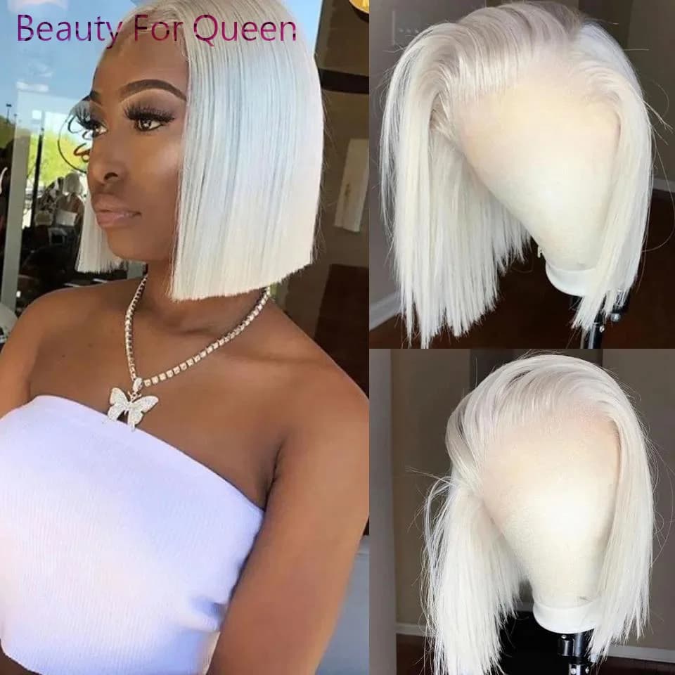 Human Hair Pre Plucked Brazilian Remy Straight 13x6 Lace Frontal Wig #60 Color White Platinum Ash Blonde Bob 13x4 Lace Front Wig