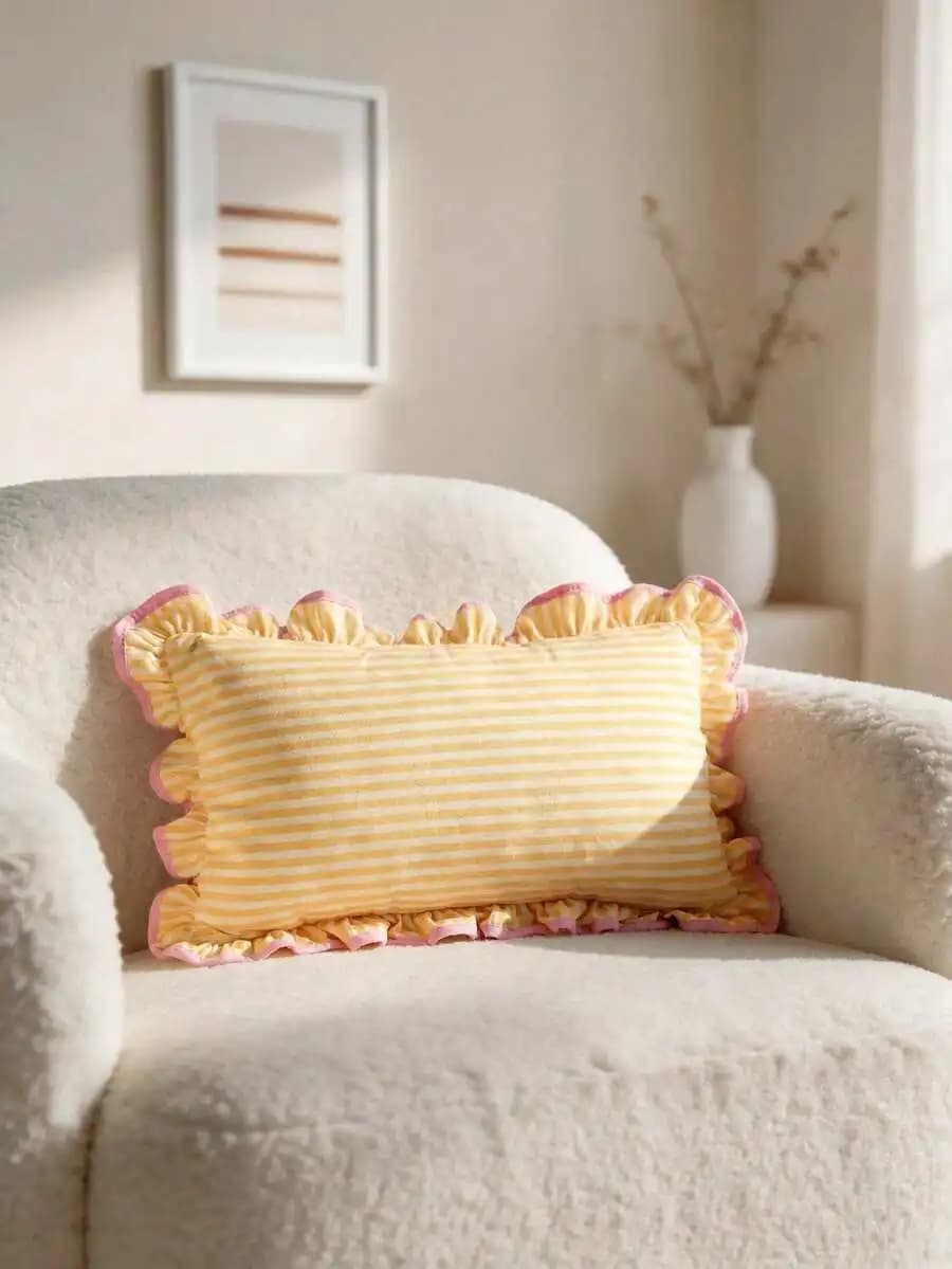 1 Piece, Pink Pattern Pillow Cover, Ruffle Trim Contrasting Blue Edge, Academic Style, Pastoral Style Waist Pillowcase, Sofa,