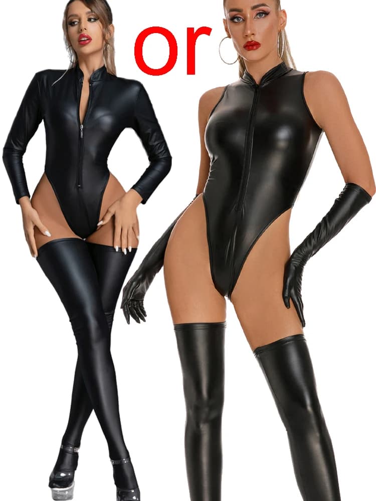 Completo cosplay in finta pelle PU Taglio alto Zip frontale Body Costume da bagno Collant Clubwear sexy Body Top + Calze Body Orsacchiotti