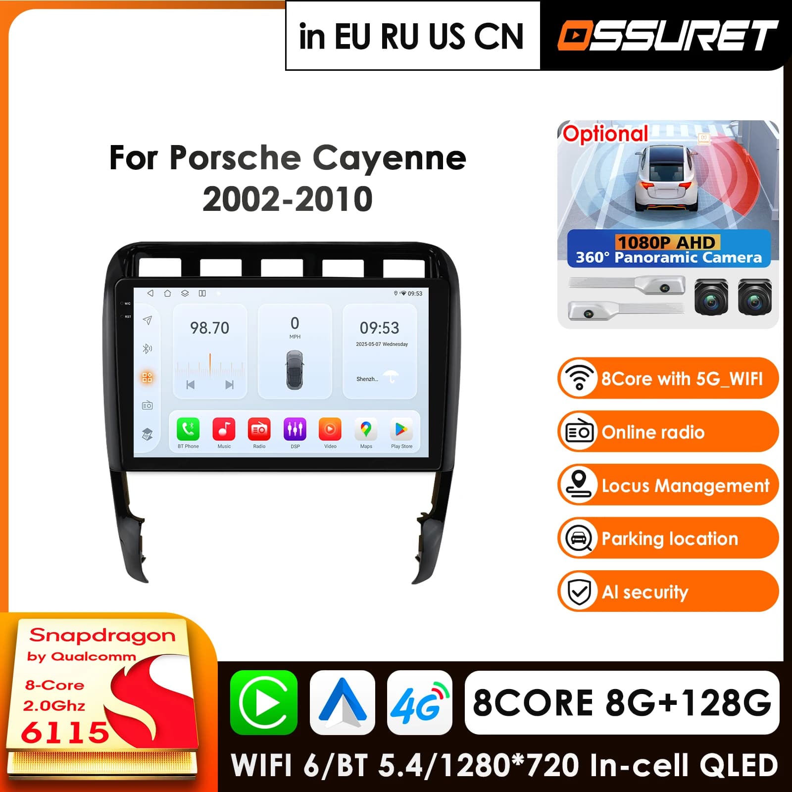 Autoradio 2Din con Carplay e Android Auto per Porsche Cayenne 2002-2010, Lettore Multimediale con GPS, Navigazione, Schermo da 9 Pollici, DSP
