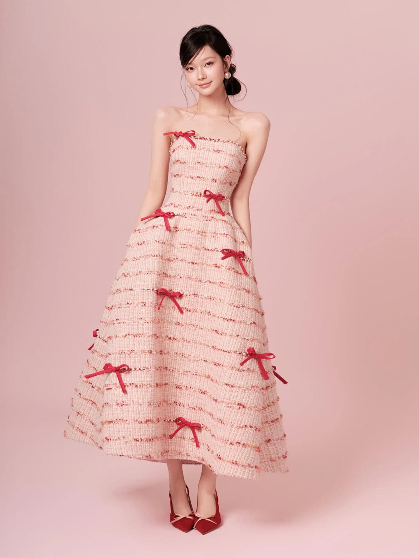 Abito da sposa rosa con nodo, stile dolce, a vita media, gonna a trapezio, lungo, per feste di matrimonio e cerimonie.