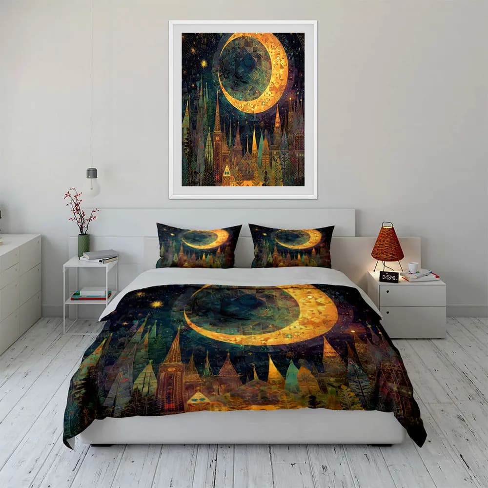 Mystic Night Moonlight Decor Set Bedding Set with 1 Duvet Cover 2 Pillowcases Single Double King Queen, Gift