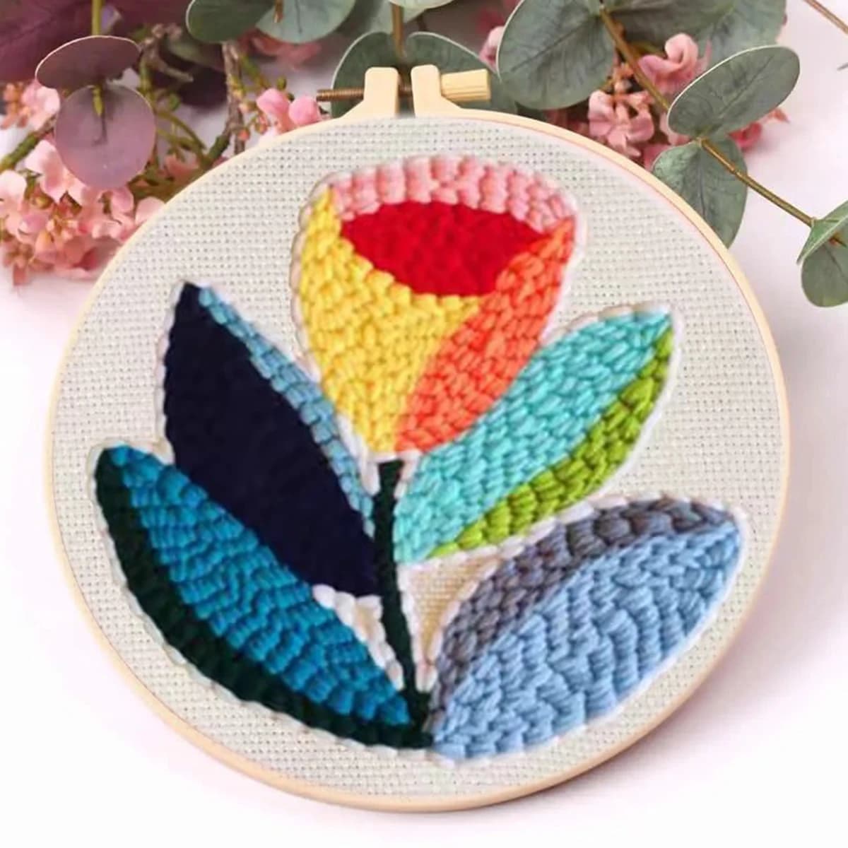 1 Set Flowers Pattern Punch Needle Embroidery Starter Kits Rug Punch Needle Hoop Yarn For Adults Kits Diy Home Decors