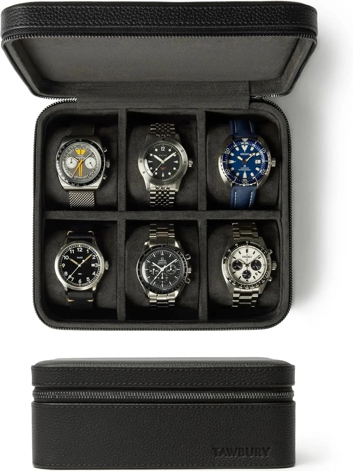 Scatola Porta Orologi in Vera Pelle con 6 Scomparti e Cuscini Larghi per Orologi Grandi - Custodia Portatile per Casa e Viaggio in Nero