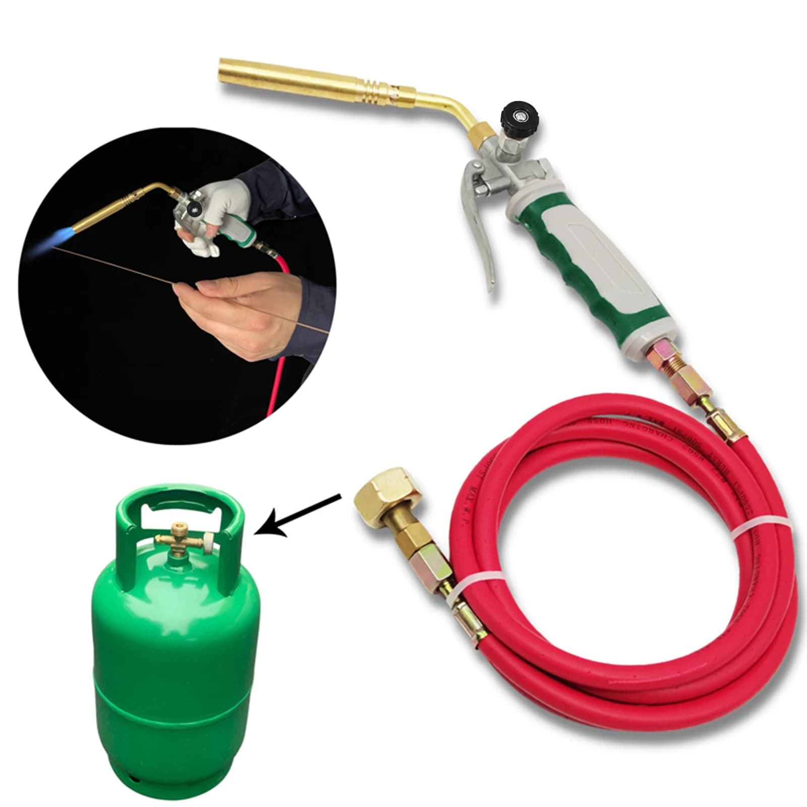 Saldatore MAPP LPG con Doppio Interruttore Stile Tedesco, Pistola per Riscaldamento a Fiamma ad Alta Resistenza Termica con Tubo in Gomma da 1,6m per Rimozione Peli