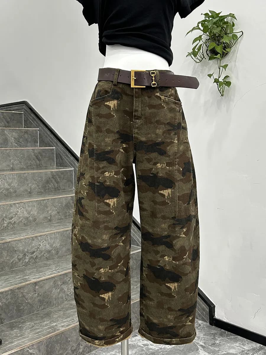 American Retro Camouflage Loose plus Size Women's Nine Points Jeans Wide Leg Knife Pants Sli Casual Pants High Waist