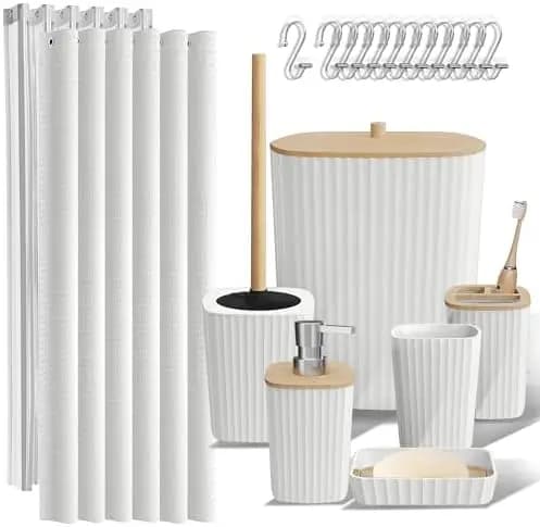 Set di accessori da bagno bianchi Clara Clark da 20 pezzi: tenda per la doccia, spazzola per WC, cestino e dispenser per sapone