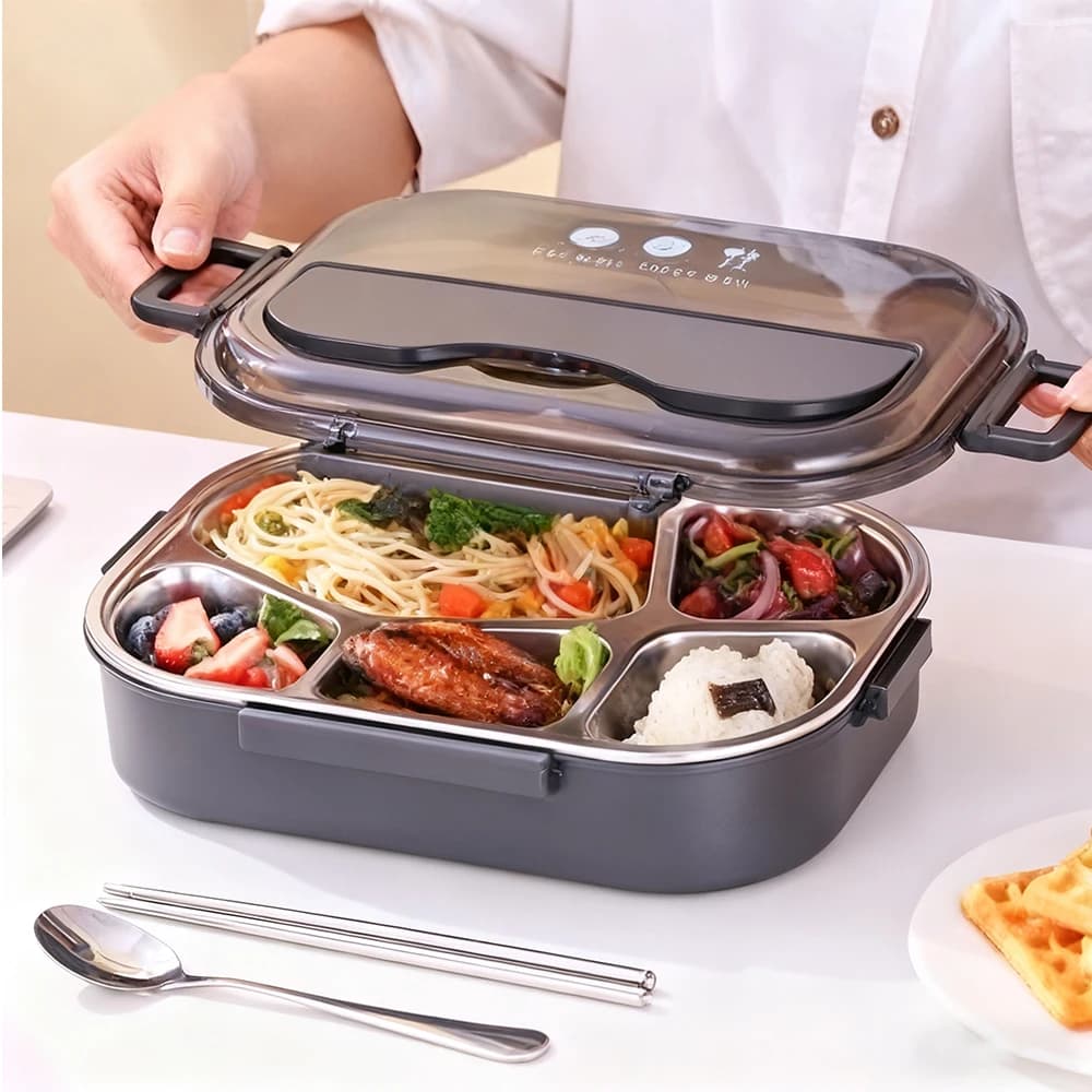 Portapranzo isolato a 5 griglie in acciaio inox 304, dotato di bacchette, cucchiai, riscaldamento a microonde, staccabile, ufficio scolastico