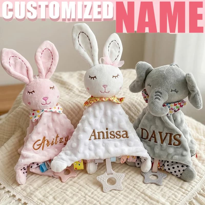 Copertina di Sicurezza Personalizzata per Neonati con Coniglietto in Peluche e Massaggiagengive in Silicone, Regalo Ideale per Baby Shower