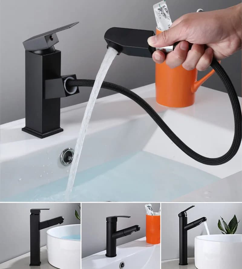 Rubinetto per lavabo estraibile per lavabo da bagno Miscelatore acqua calda fredda Rubinetto alto nero Gru con ugello di spruzzo Rubinetto per lavabo con testa a flusso
