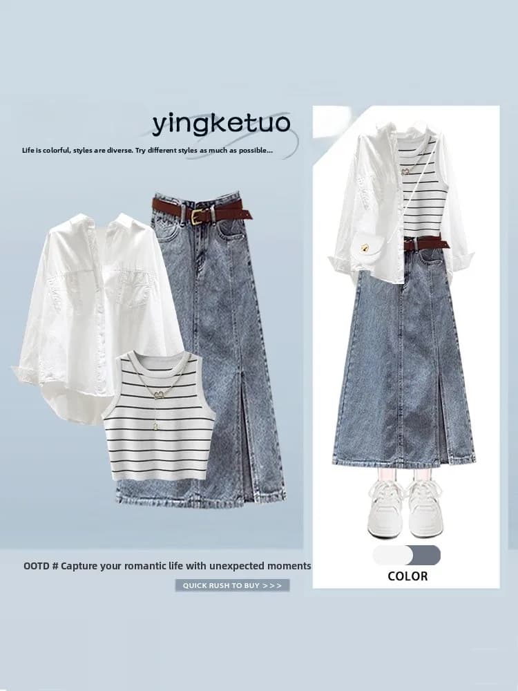 Completo Estivo da Donna Tre Pezzi: Camicia a Righe Oversize Stile Coreano, Gonna in Jeans a Vita Alta e Top
