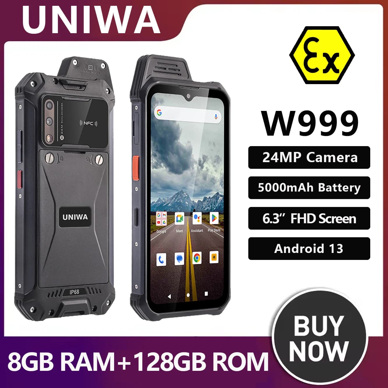 UNIWA W999 ATEX Walkie Talkie robusto impermeabile 8 GB + 128 GB 6,3 pollici FHD 5000 mAh Smartphone Andriod 13 NFC Cellulari Helio G99